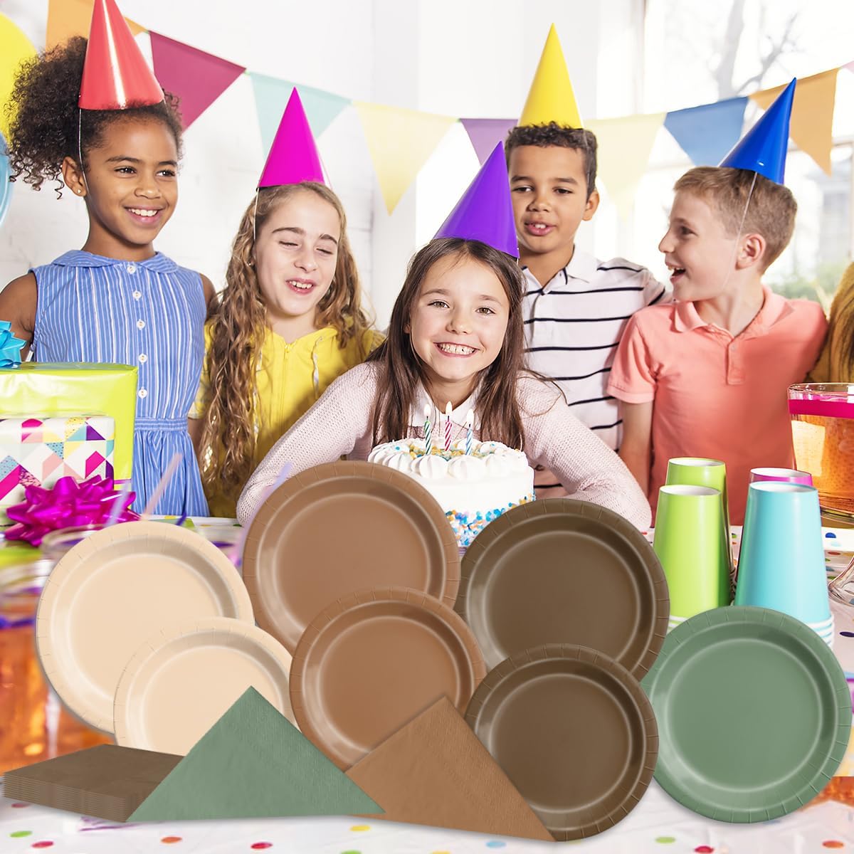 CMUSKO Woodland Baby Shower Decorations - 150pcs Brown Sage Green Forest Animal Theme Plates & Napkins Kit Serves 50- Safari Party Supplies for Birthday, Baby Shower Neutral