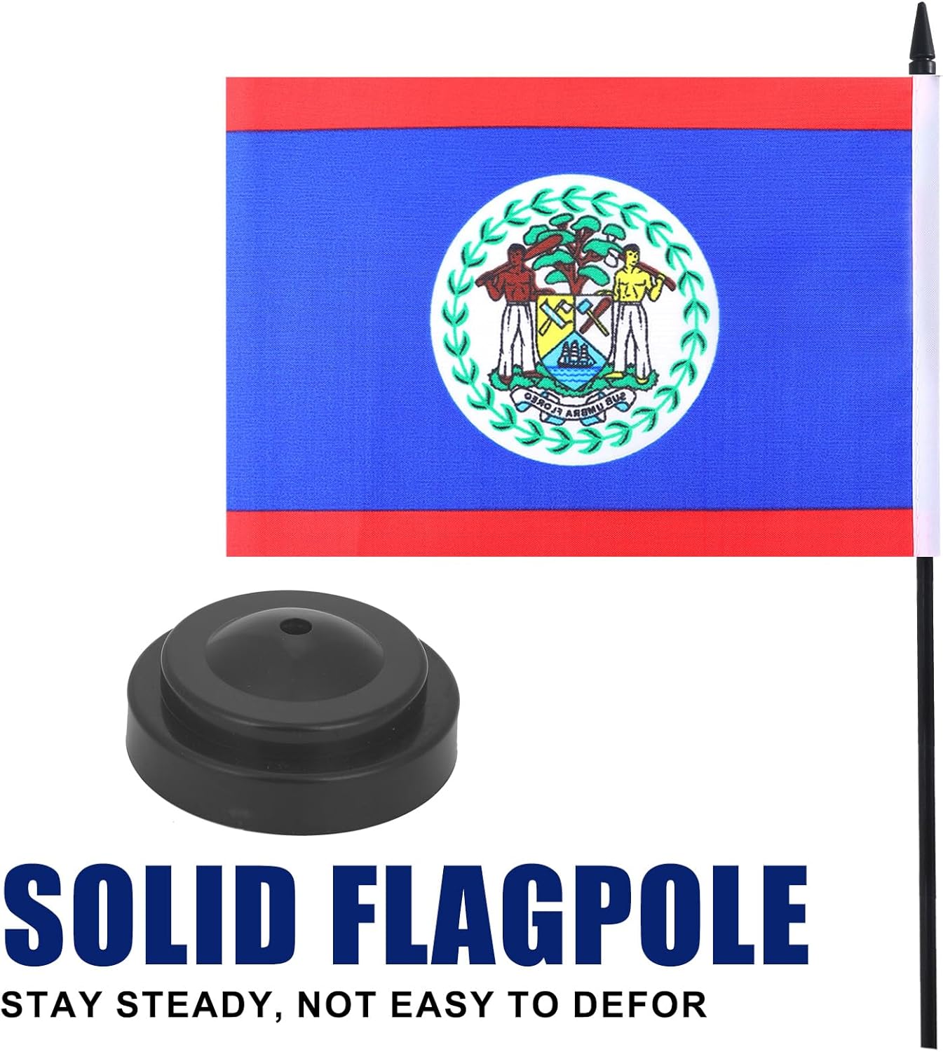 Belize Desk Flag 12" Solid Pole Deluxe Set Belizeans Flags Banner Mini Small Belize Office Table Flags with Black Stand Base Desktop Decorations(2Pack)