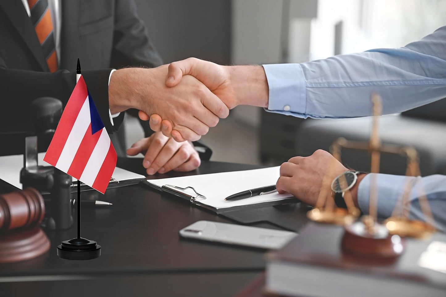 Puerto Rico Puerto Rican Deluxe Desk Flag Set Small Mini Miniature Puerto Rico Puerto Rican Table Desktop Flags With Solid Pole, Black Base and Spear Top(2 Pack)