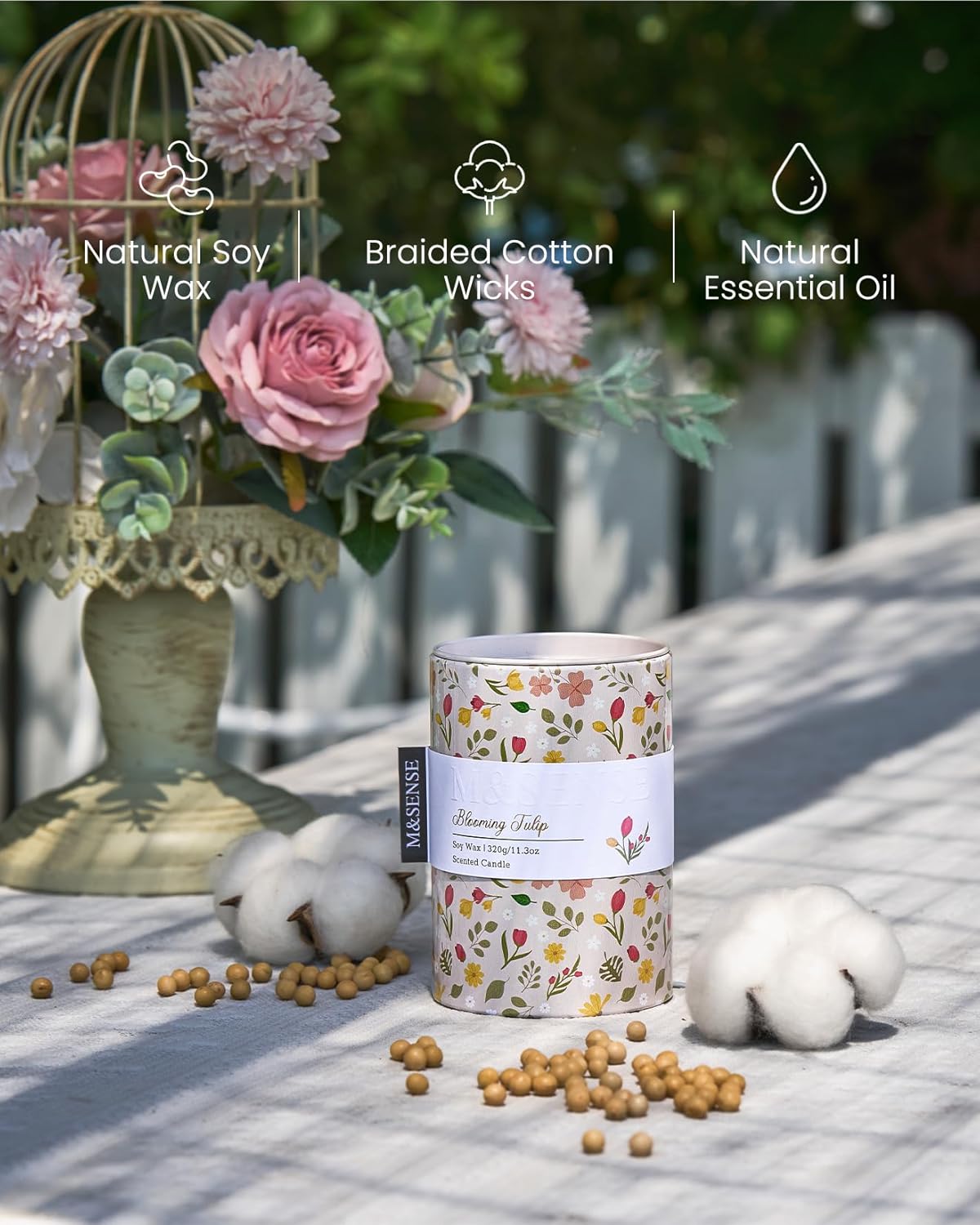 M&SENSE Blooming Tulip Scented Candle, Medium Jar Candle 11.3oz Natural Soy Wax for Home Scented, Floral Candles Gift for Spring Holiday, Up to 70 Hours Burning Long-Lasting Fragrance