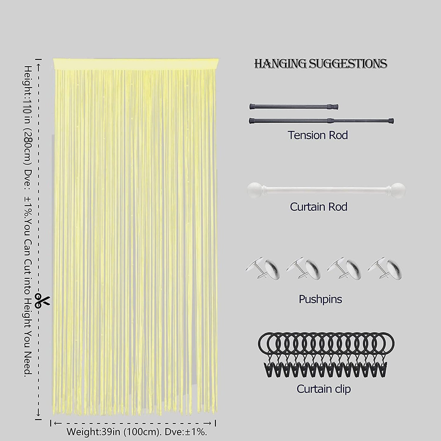 Beaded Doorway Curtain Door Beads Dense String Curtains Fringe Hippie Perfect for Wall Hanging Decor Room Divider Privacy Doors Window Closet Doorways Decorations (100x280cm,Yellow)