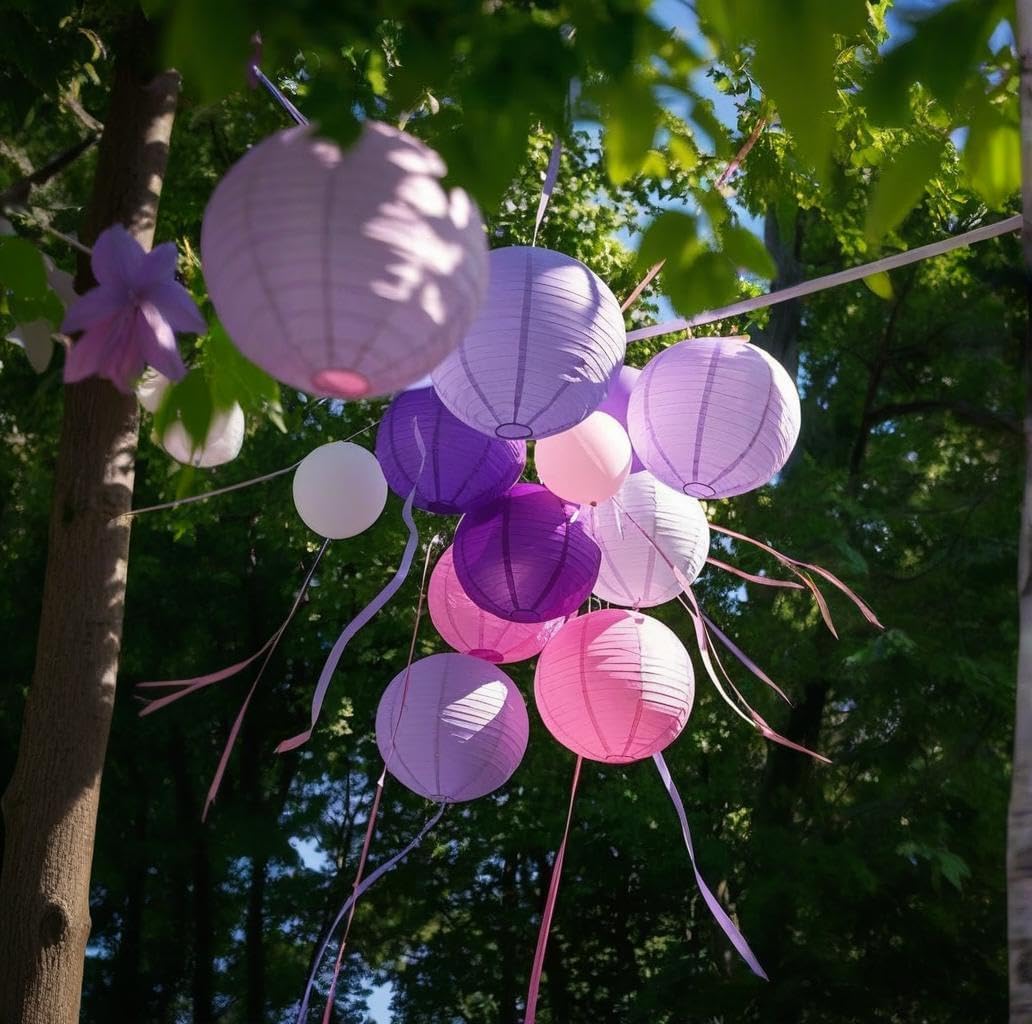 Purple Pink Paper Lanterns Decorative 15pcs Party Hanging Decorations for Bachelorette Wedding Birthday Baby Shower Graduation Anniversary Lavender Themed Room Decor