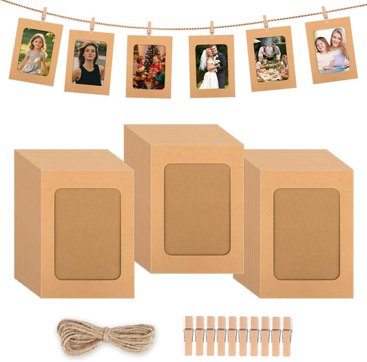 100 Pack Paper Picture Frames, 4x6 Inch Photo Strip Frame Hanging Photo Display Banner, Kraft Photo Holder with Wooden Clips and String for Wall Decor and Party Supplies
