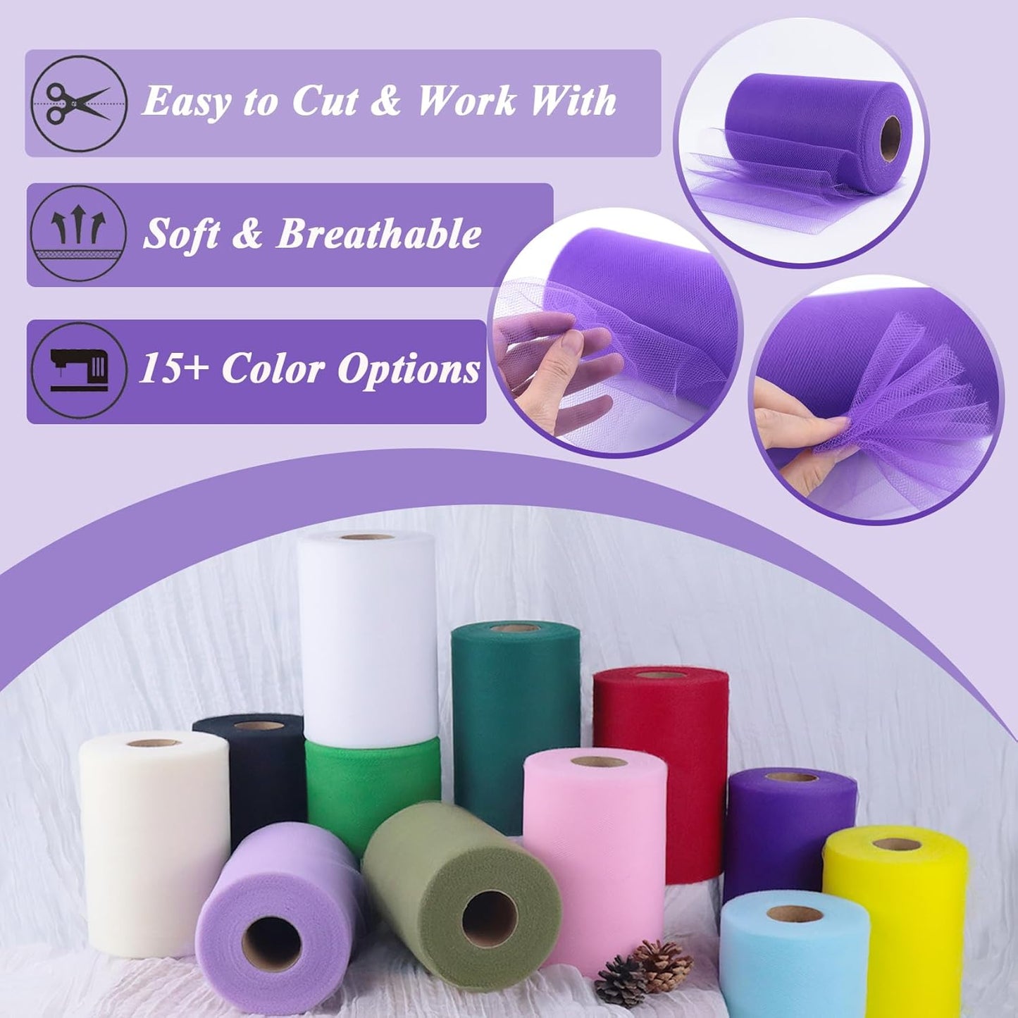 Purple Tulle Fabric Roll 6" by 100 Yards (300 ft) Soft Tulle Spool for DIY Crafting Favor Supplies, Tutus, Wedding, Party Decorations, Gift Wrapping