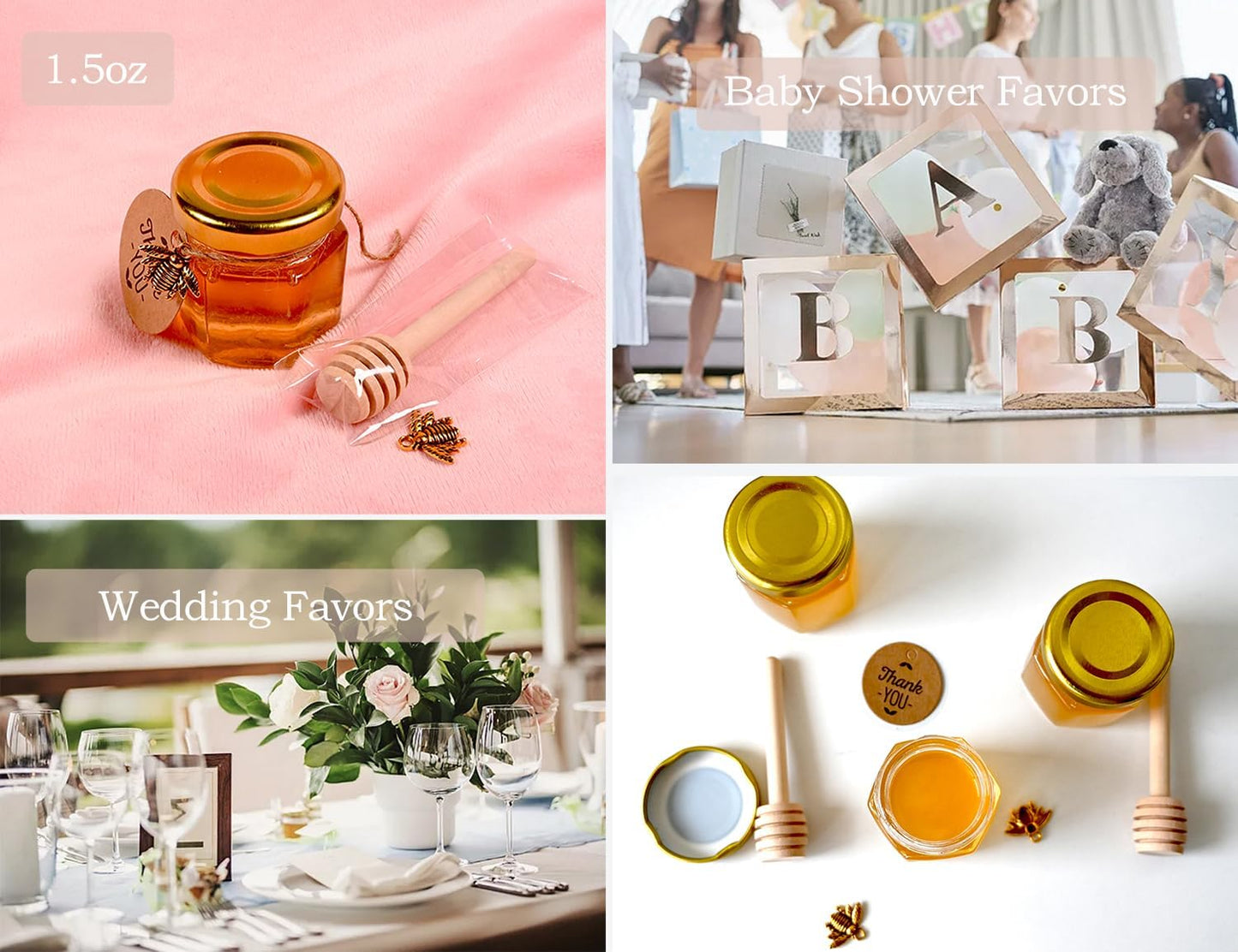 Adabocute Mini Honey Jars with Dipper - Hexagon Honey Pot Set with Gold Lid, Bee Pendants, Jutes, Gold Organza Bags and Stickers - Perfect for Baby Shower Party Favors Wedding Favors, 60 Pack 1.5oz