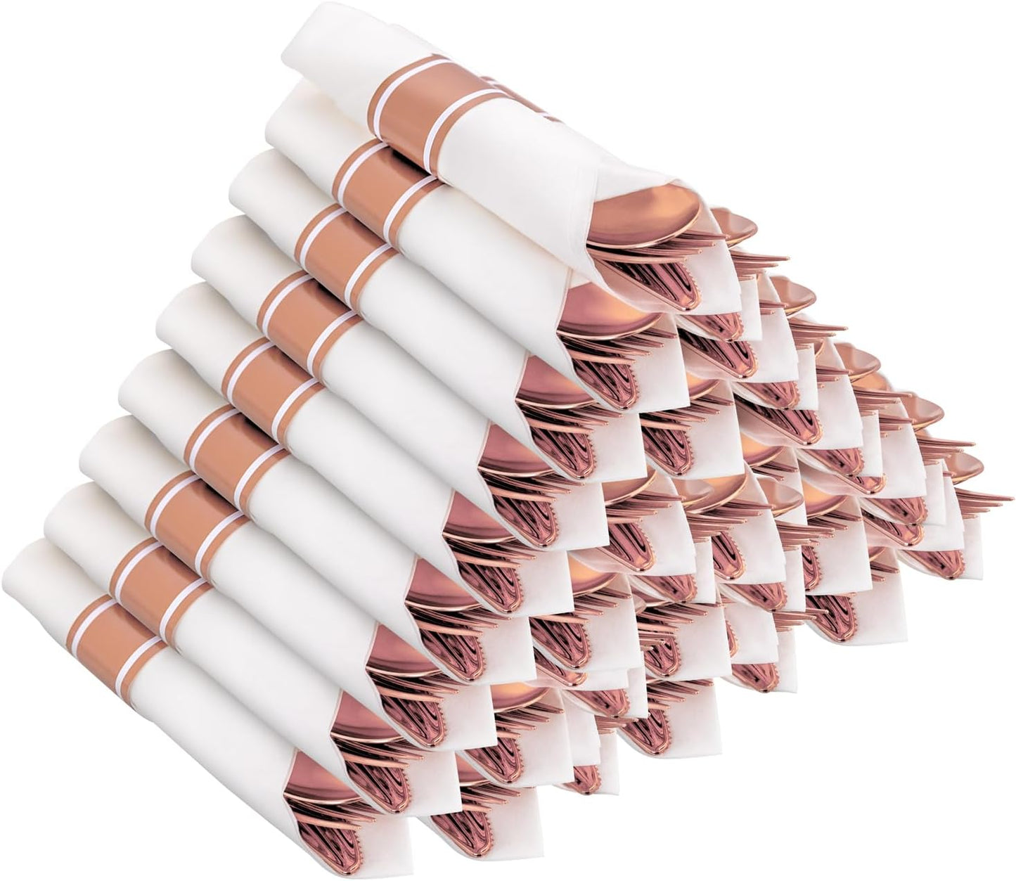50Guests Pre Rolled Rose Gold Plastic Silverware Sets - Heavy Duty Rose Gold Cutlery - Include 50 Pack Wrapped Disposable Utensils with Napkins for Parties, Dinners & Weddings