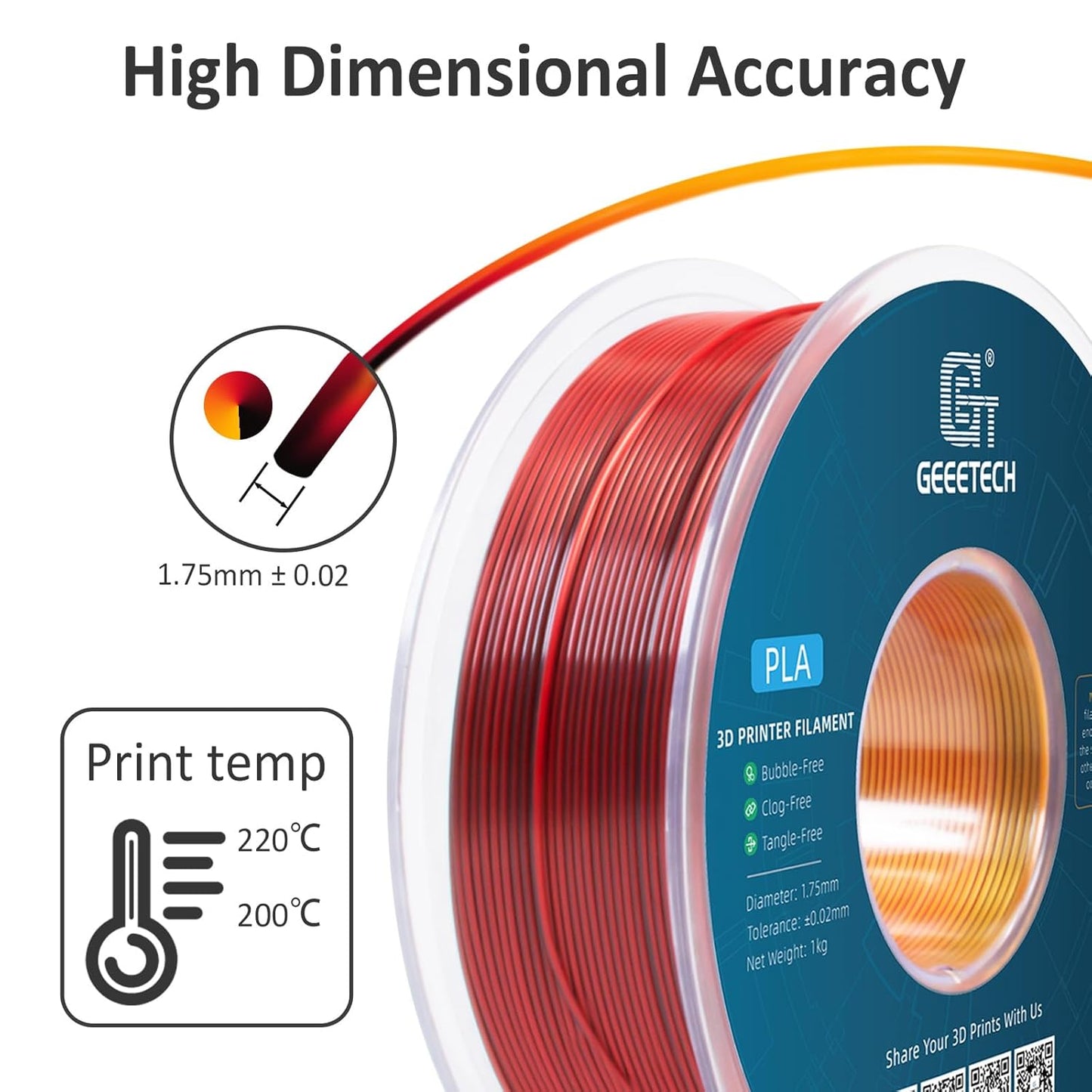 Geeetech Silk PLA Tri Color Filament 1.75mm 3D Printer Filament, Coextrusion Red Gold Black Tri-Colors Metal-Like Shiny Silk PLA Filament, 1kg (2.2lbs) 1 Spool, Dimensional Accuracy +/- 0.02 mm