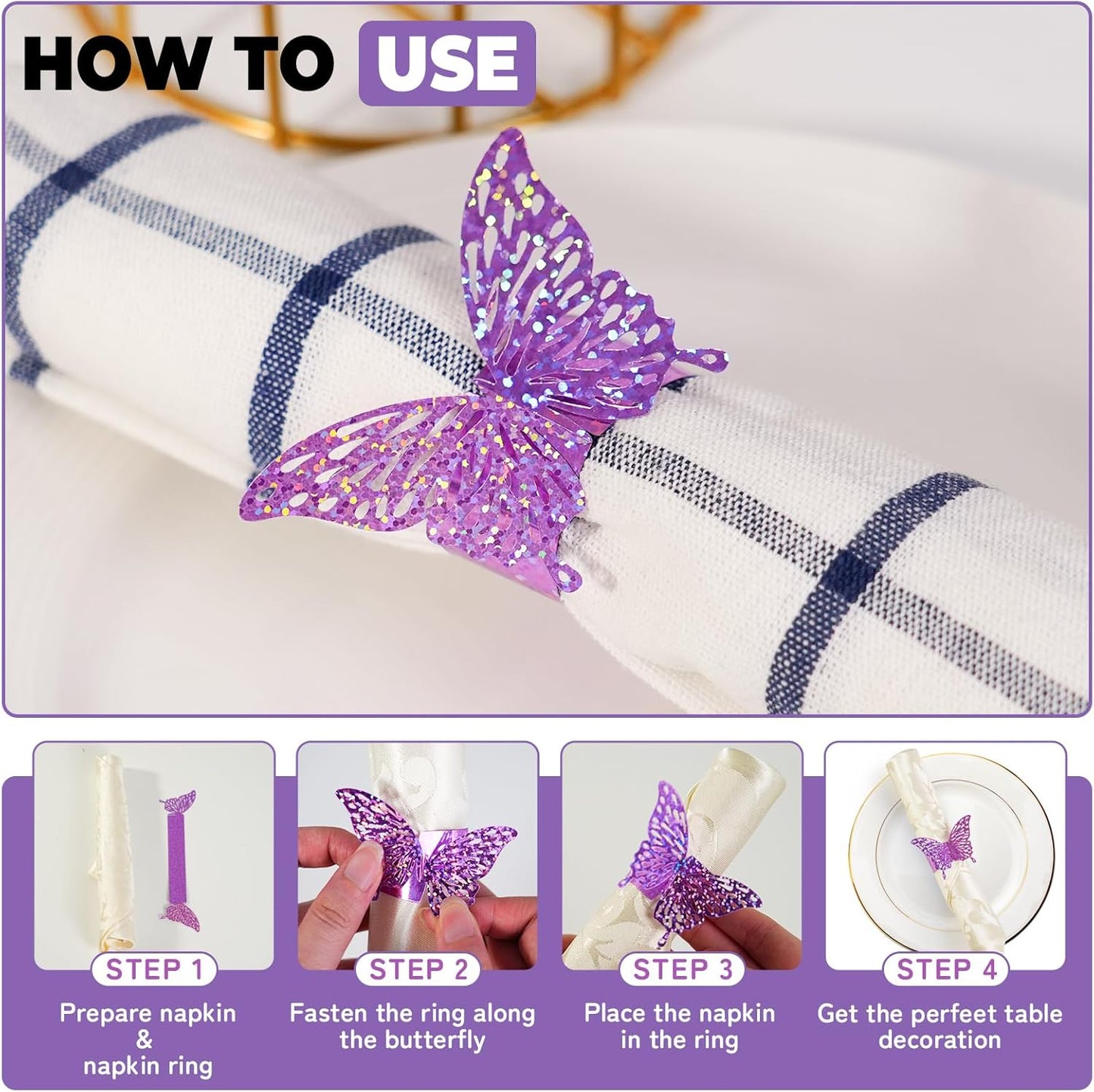 100 Pcs 3D Purple Sequined Butterfly Napkin Rings Silverware Wraps Bands,Iridescent Table Setup Wedding Valentines Day Event Party Supply Table Settings, Glossy Serviette Buckles Decor（Purple）