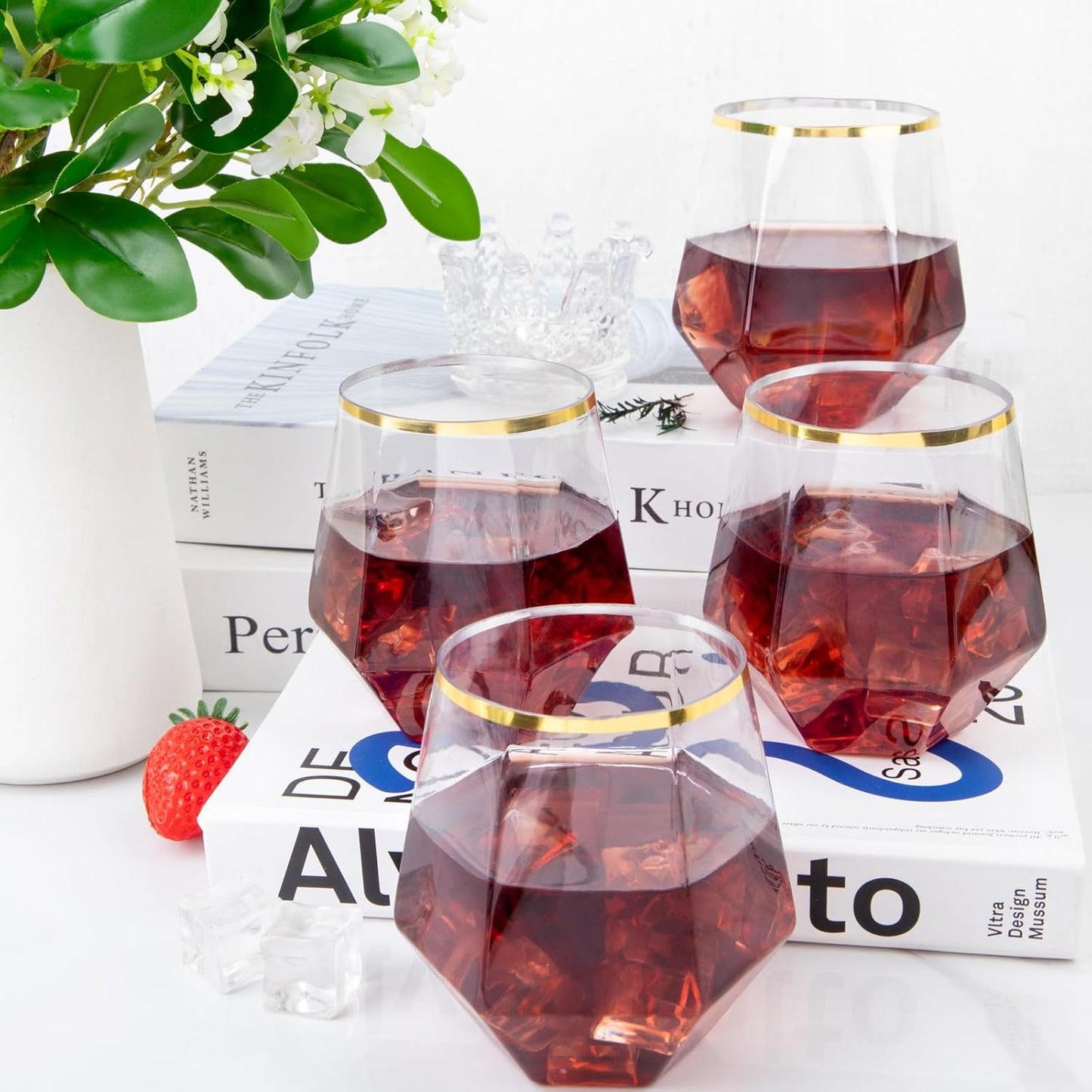 LUODA Gold Diamond Shaped Plastic Stemless Wine Glasses Set of 24, Disposable 12 Oz Gold Plastic Whiskey Glasses for Birthday, Housewarming and Weddings