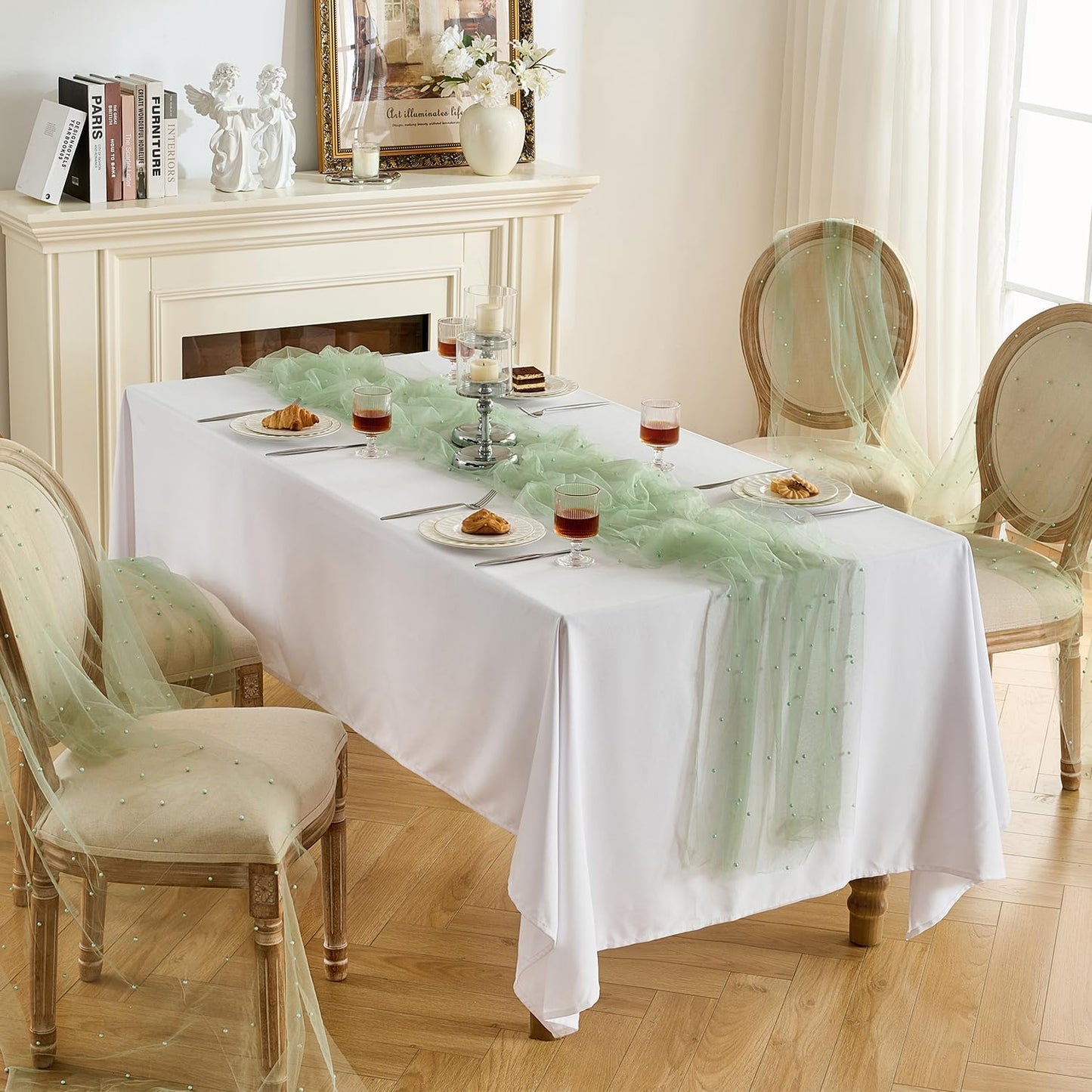 Fanami 1 Pack Pearl Table Runner -10FT Sage Green Boho Tulle Table Runners 120 Inches Long Rustic Sheer Lace Fabric Centerpieces for Wedding Arch Birthday Party Bridal Veil Baby Shower Decorations