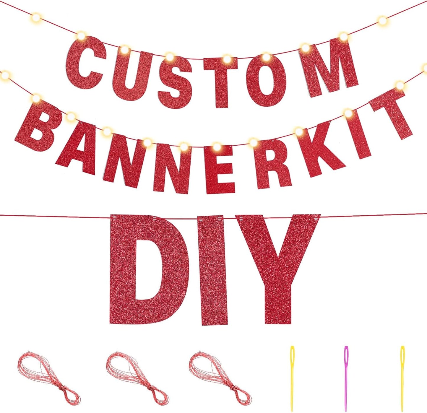 TaoBary 112 Pcs DIY Letter Kit Glitter Customizable Banner Letters Include 107 Letters and Numbers 3 Rope and 2 Needles for Birthday Halloween Christmas Wedding Valentine Party Decor(Red)