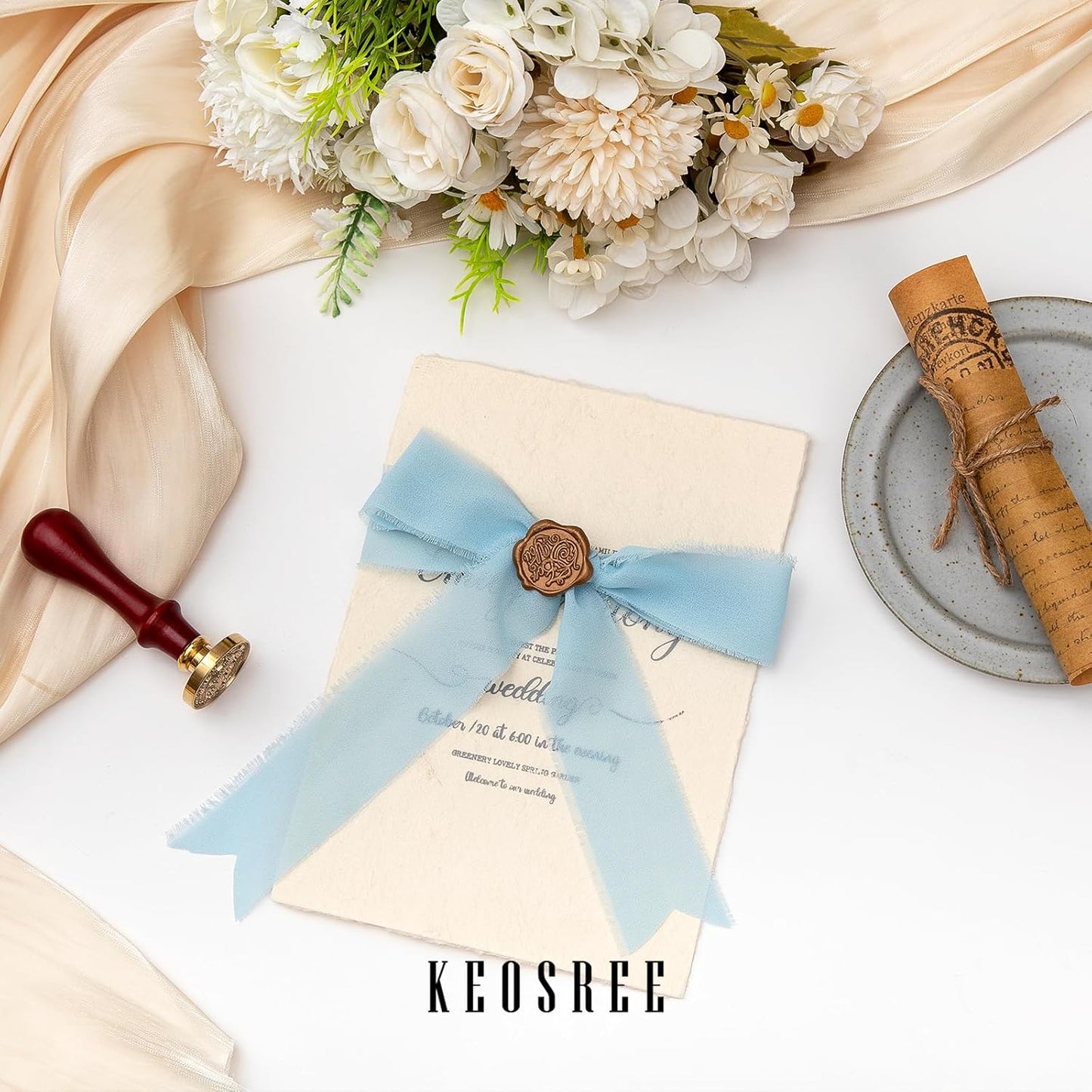 3 Rolls Light Blue Handmade Chiffon Ribbon,1.5" x 21Yd Frayed Fringe Silk Ribbons (3 Rolls *7Yd) for Gifts Wrapping, Wedding Invitations, Bridal Bouquets, Decorations