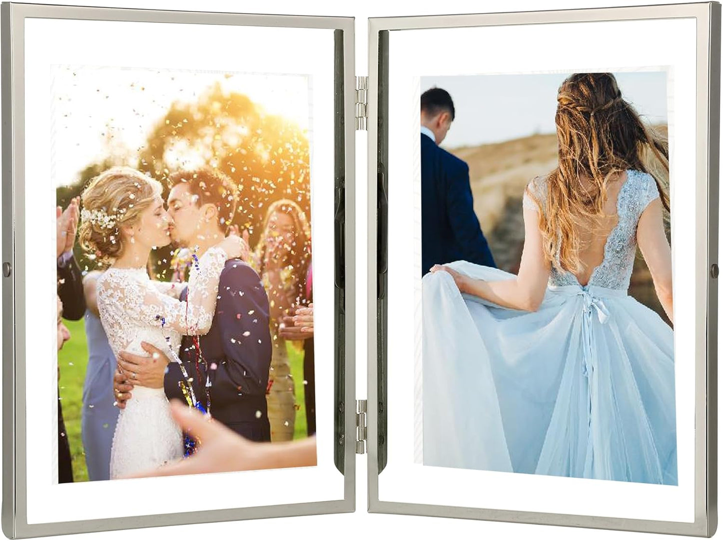 Silver 5x7''Double Floating Frame For Photo Sizes 3.5x 5'',4x6'',Metal Photo Frames 5x7''For Counter Shelf Display,Gift Choice for Wedding,Christmas,Birthady,Home or Office Decor.