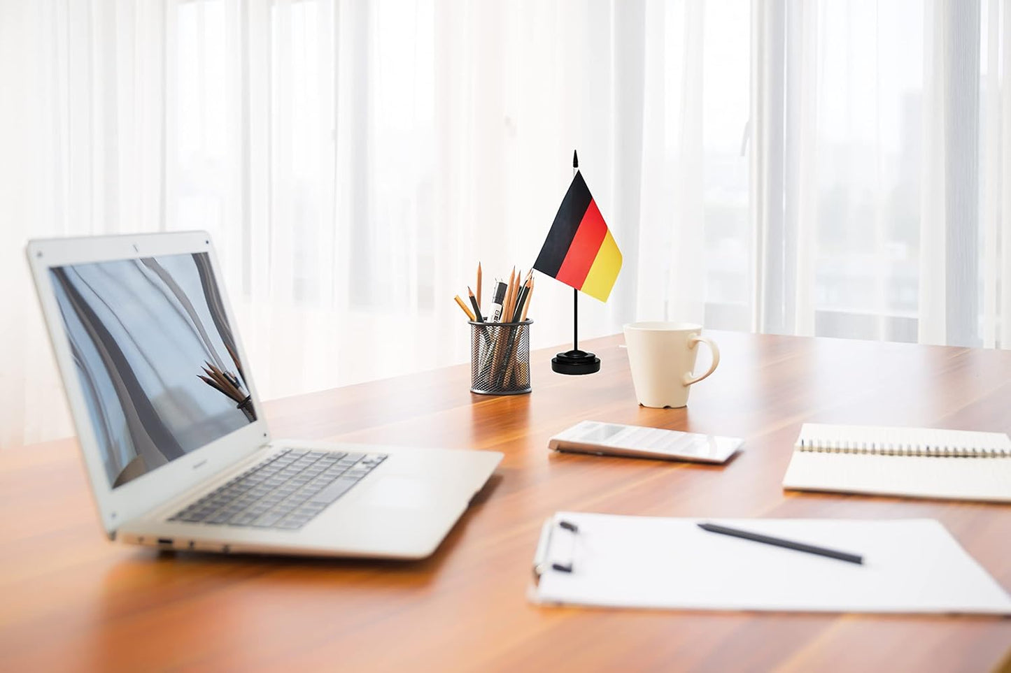 Germany German Deluxe Desk Flag Set, Small Mini Miniature Germany German Table Desktop Flags With Solid Pole, Black Base and Spear Top(2 Pack)