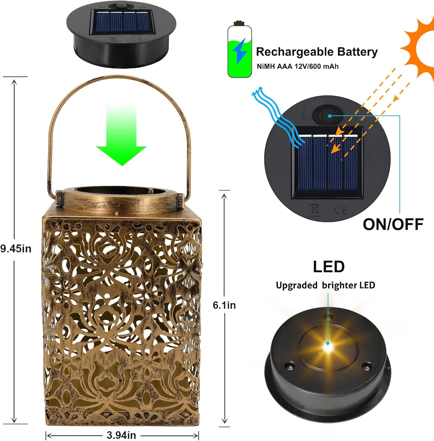 2 Pack Bronze Solar Lanterns - Waterproof Metal Hanging Solar Lights Outdoor Decorative, Solar Powered LED Lamp for Patio Tabletop Porch Deck Yard Garden Decor for Outside (Rose)