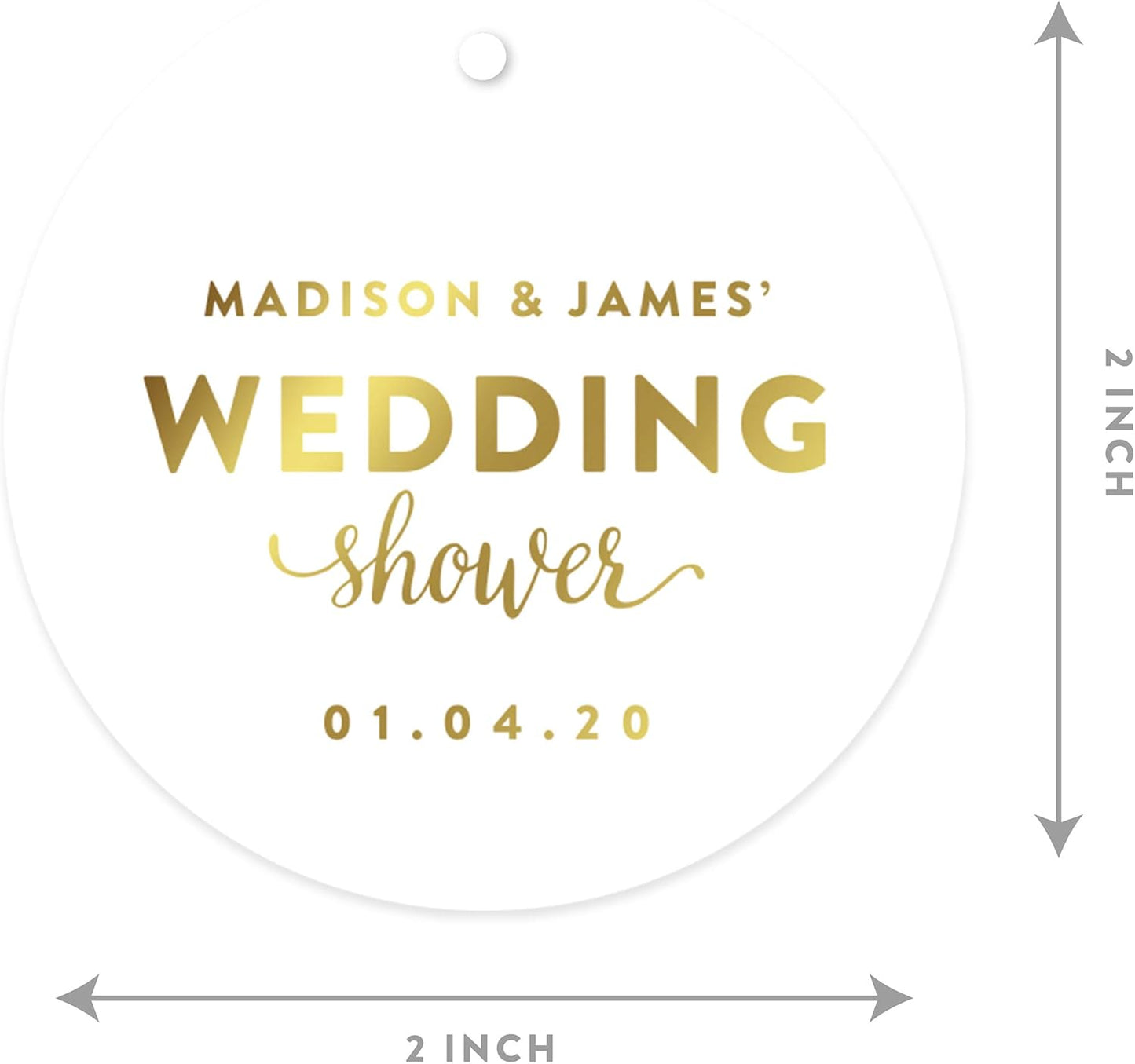 Andaz Press Personalized Round Circle Wedding Gift Tags, Metallic Gold Ink, Wedding Shower, 24-Pack, Custom Made Any Name