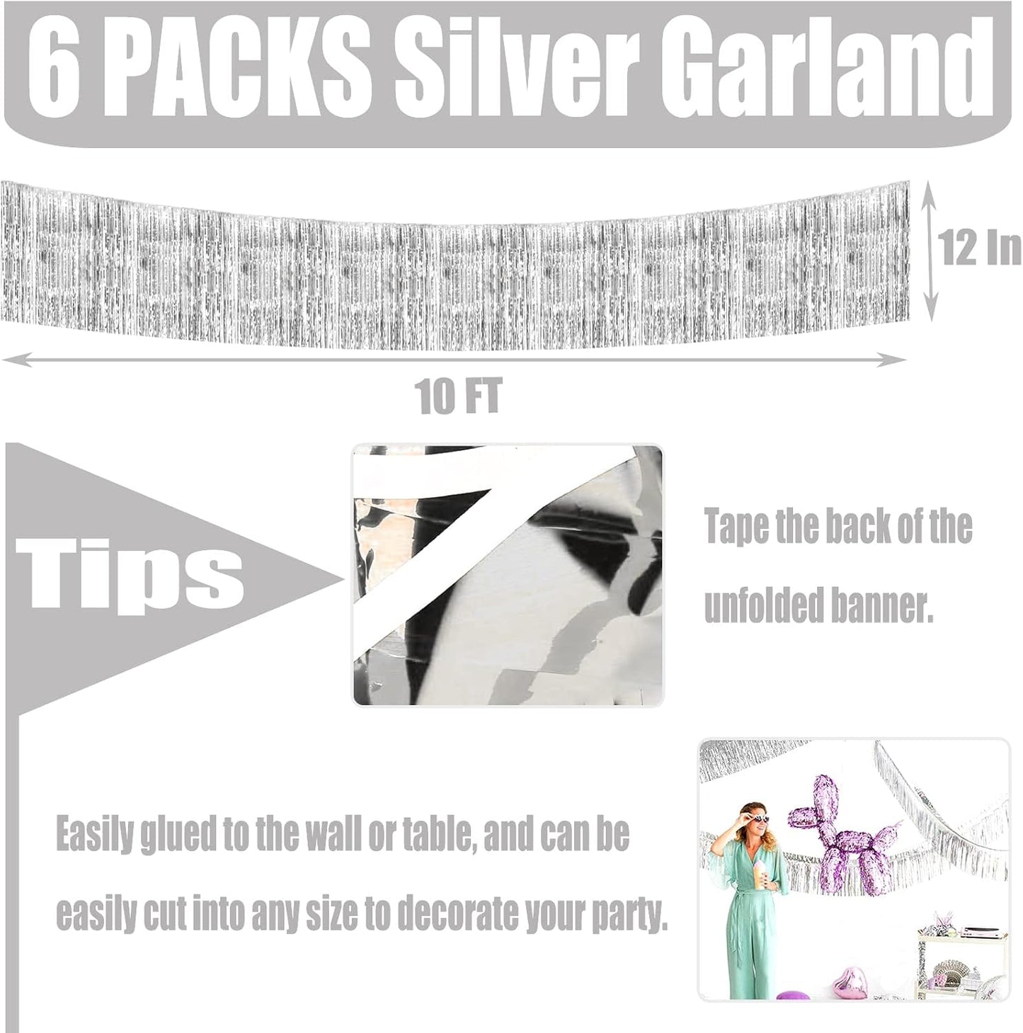 10 Pack 10 Feet Silver Foil Fringe Garland Metallic Tinsel Streamers Banner Wall Hanging Curtain Backdrop for Parade Floats, Bachelorette, Wedding, Birthday, Halloween, Christmas Party Decorations