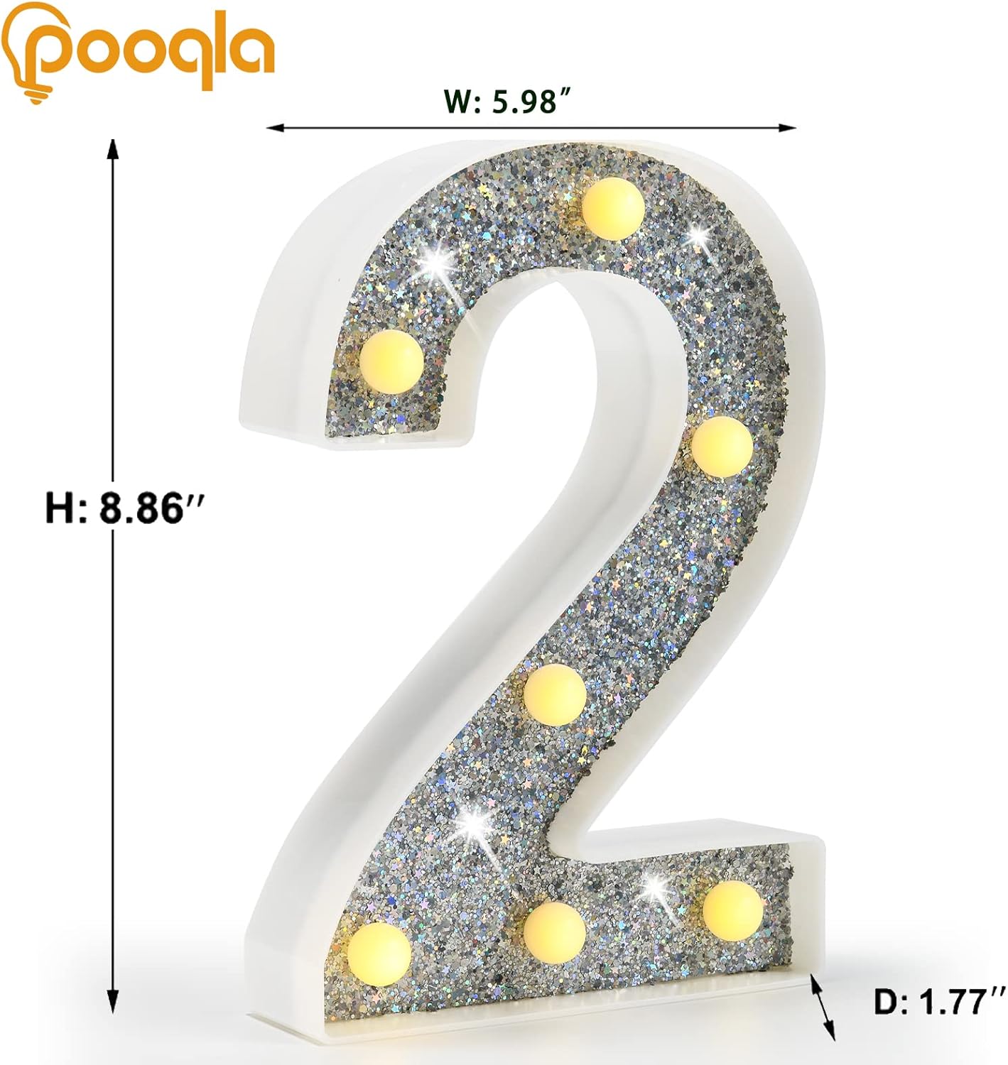 Pooqla Marquee Light up Numbers, Lighted Numbers for 2nd Birthday Decorations, Night Light Battery Powered for Silver Party Decorations, Gift for Boys Girls Christmas Wedding Home Room Decoration
