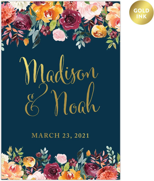 Andaz Press Personalized Extra Large Wedding Easel Board Party Sign, 12x18-inch, Fall Autumn Orange Burgundy Coral Roses on Navy Blue, Bride Groom Names and Date, 1-Pack, Custom