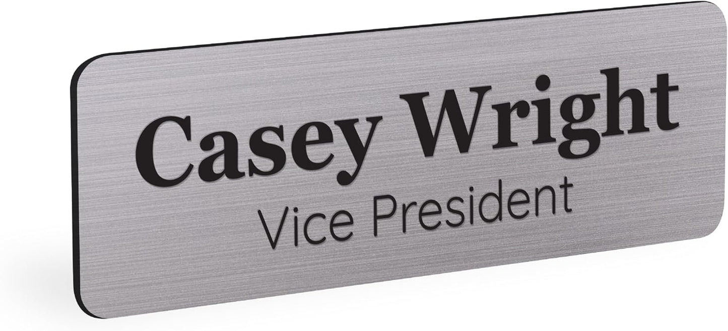 ExcelMark Custom Name Tag - Engraved Name Badge with Pin or Magnetic Backing, 16 Colors, 6 Fonts, and 2 Sizes to Choose from (Silver w/Black Letters, 1"x 3")