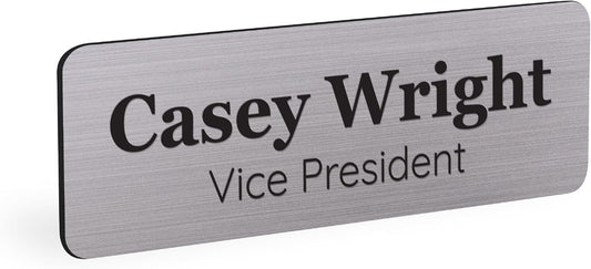 ExcelMark Custom Name Tag - Engraved Name Badge with Pin or Magnetic Backing, 16 Colors, 6 Fonts, and 2 Sizes to Choose from (Silver w/Black Letters, 1"x 3")