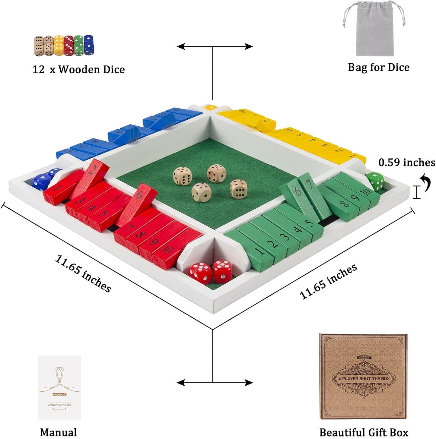 AMEROUS Shut The Box Dice Game-12 inches-Colorful Design-1-4 Players-12 Dice-Gift Package, Classic 4 Sided Wooden Board Game for Adults Kids, Classics Board Game