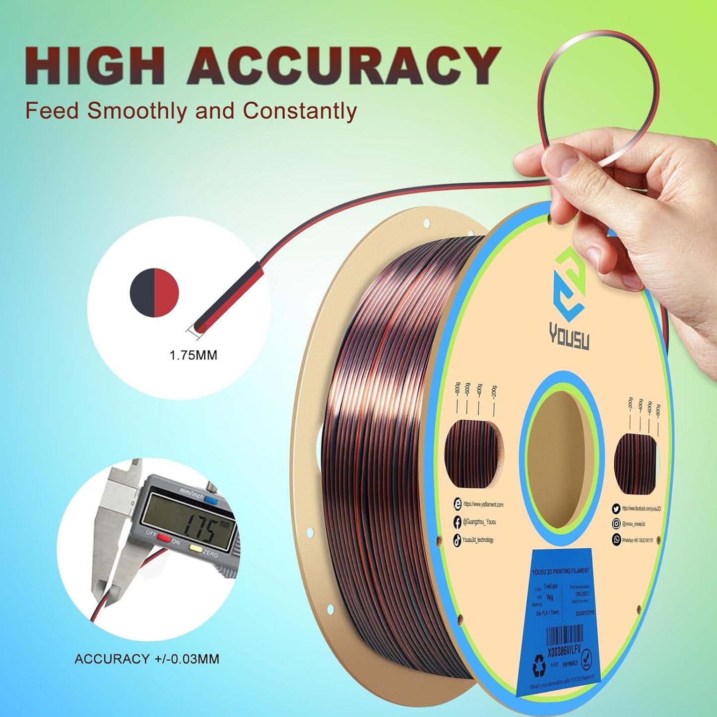 YOUSU Silk Dual Color PLA Filament, Coextrusion Filament, Multicolor 3D Printer Filament 1kg, Compatible with Most of 3D Printer, Silk Silver Copper Color Change Filament.