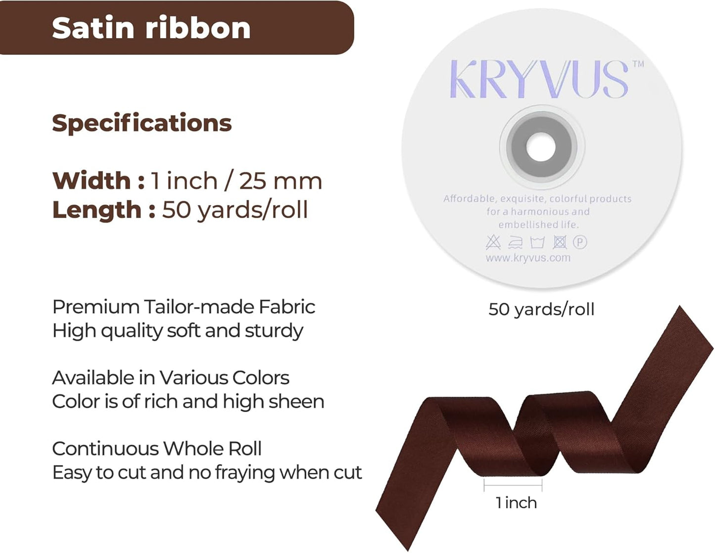 Dark Brown Satin Ribbon 1 inch X Continuous 50 Yards, Single Face Polyester Ribbon Perfect for Gift Wrapping, Flower Bouquet, Wedding Decor, Crafts, Bow Making, Sewing and More