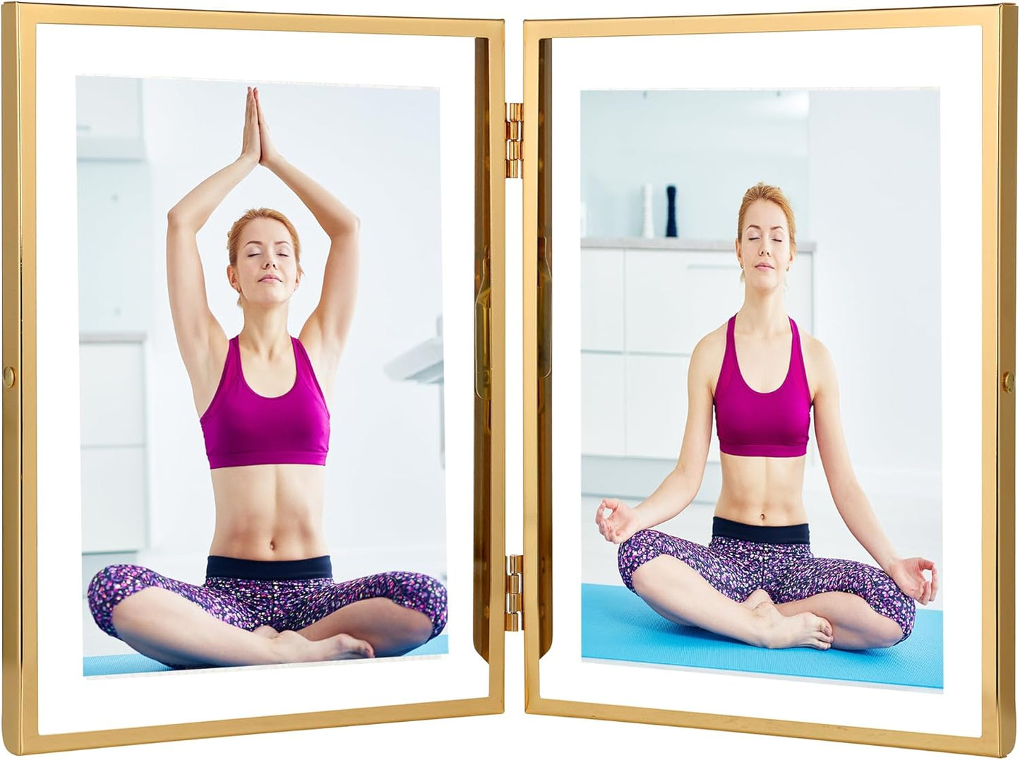 Gold 5x7'' Double Floating Frame For Photo Sizes 3.5 x5'', 4x6'',5x7''Gold Plated Metal double Photo Frames For Counter Shelf Display,Gift Choice for Wedding,Thanksgiving,Home or Office Decor.