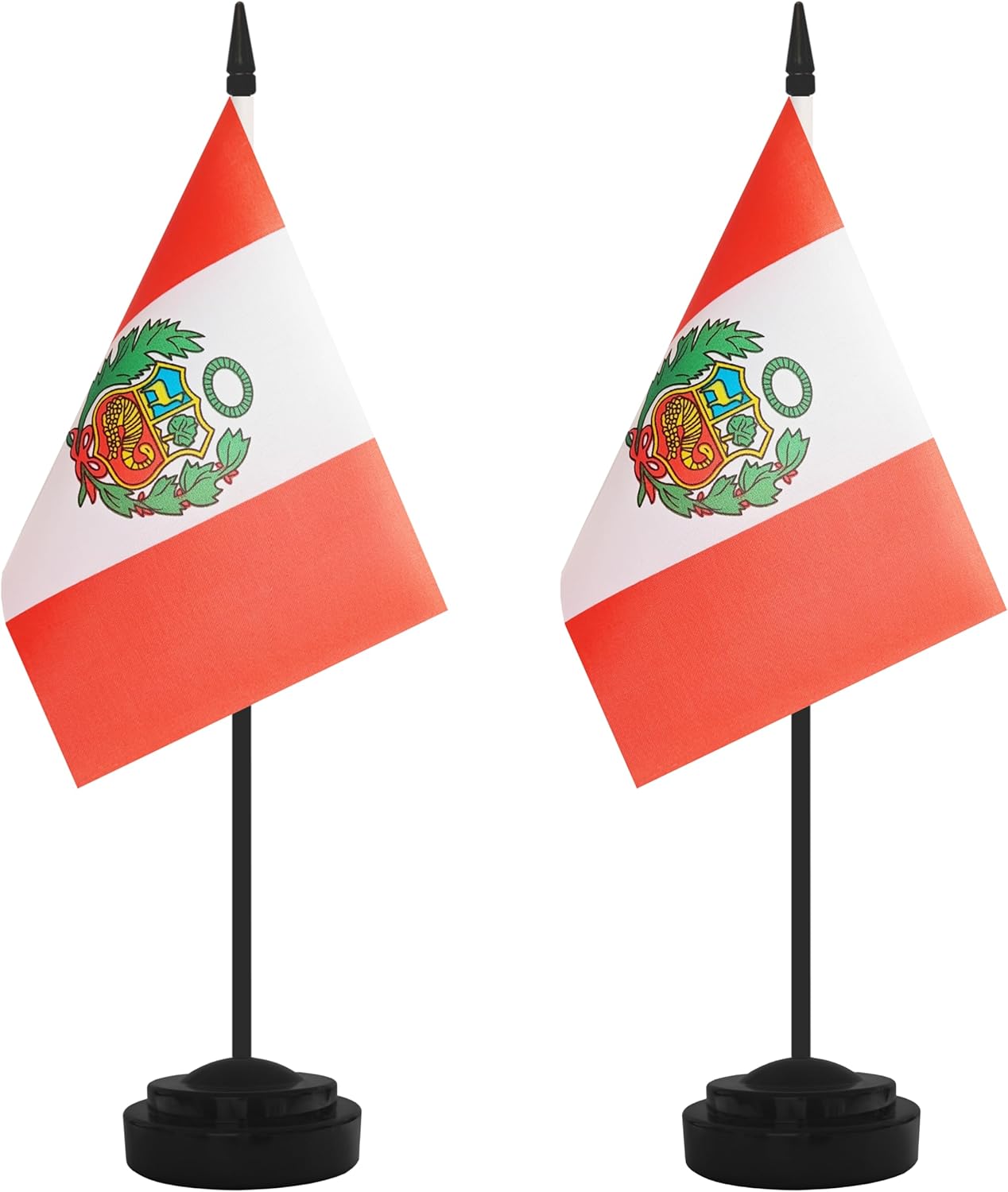 2 Pack Peru Desk Flag Set, Peruvian Desktop Small Miniature Table Office Flag with 12" Black Pole and Black Base, Offices, Classroom, Home, Festival Decoration (Peru)