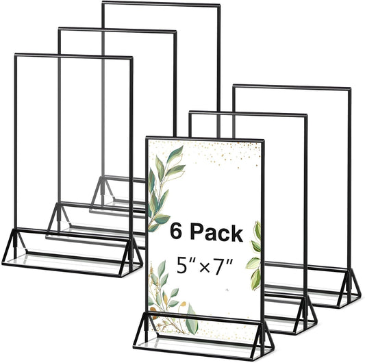 Zonon Acrylic Sign Holder 5x7, 6 Pack Vertical Double Sided Menu Display Stand with Borders, Double Sided Wedding Table Menu Holders Picture Frames for Restaurant, Christmas Party(5 x 7 Inch)