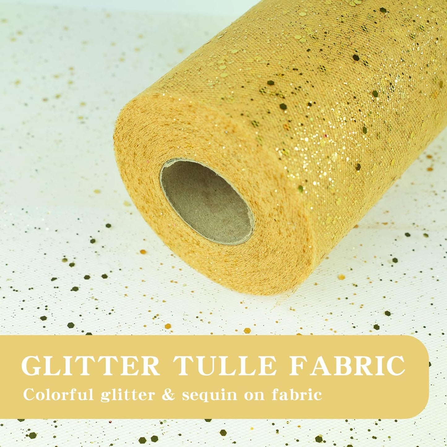 Glitter Tulle Rolls, 6” by 50 Yards (150FT) Sparkling Tulle Spool Ribbon Sequin Tulle Netting Fabric for Tutu Skirt Wedding Birthday Baby Shower (Gold)