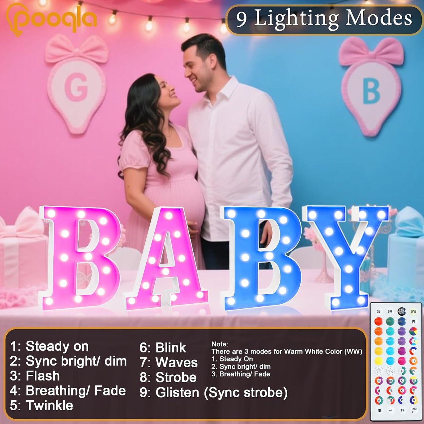 Pooqla Colorful Light Up Letters with Remote, Upgraded 35 Colors LED Marquee Letters, RGB Lighted Letter for Girls Teenager Gift, Birthday, Party, Wedding, Night Light, Room, Bedroom Decor, Letter H