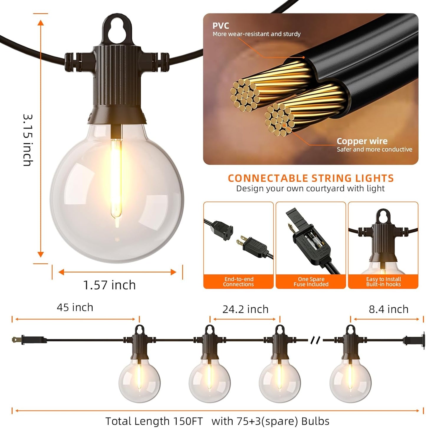 Kawaya String Lights for Outside,150FT LED Outdoor String Lights Waterproof Patio Lights with 72+3 Shatterproof Edison Globe Bulbs, Connectable Hanging Lights for Balcony Bistro Backyard Porch