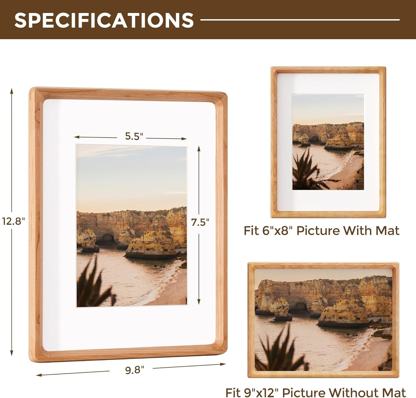 9x12 Picture Frame USA-Sourced Natural Cherry Wood Solid Original Wood Photo Frame Rounded Corner with Mat to 6x8 Picture Display with Real Glass Family Picture, Wedding Picture, Photo, Certificate
