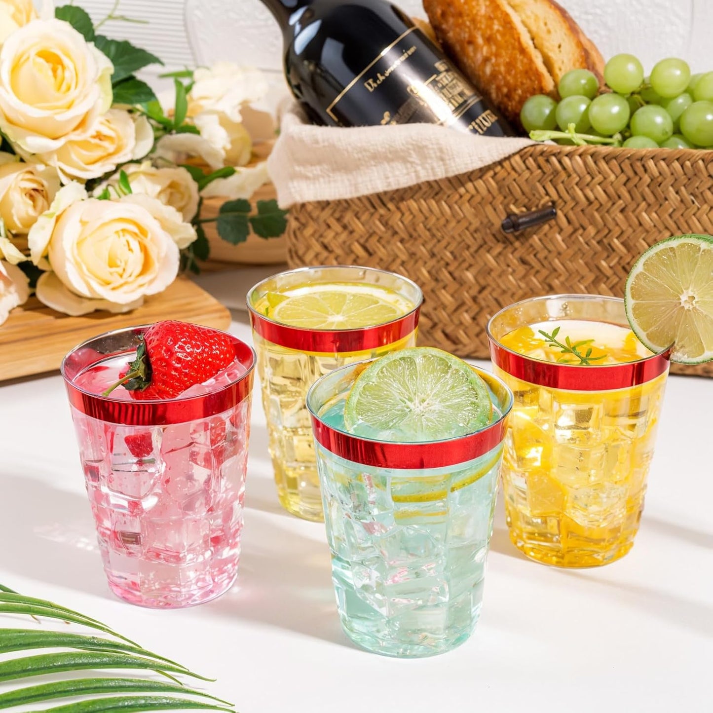 DaYammi 100 Pack Red Plastic Cups 10 Oz Clear Red Rimmed Plastic Cups for Party Fancy Disposable Cup for Wedding Disposable Glasses Clear Tumblers with Rim for Birthday Elegant Wine Cocktail Cup