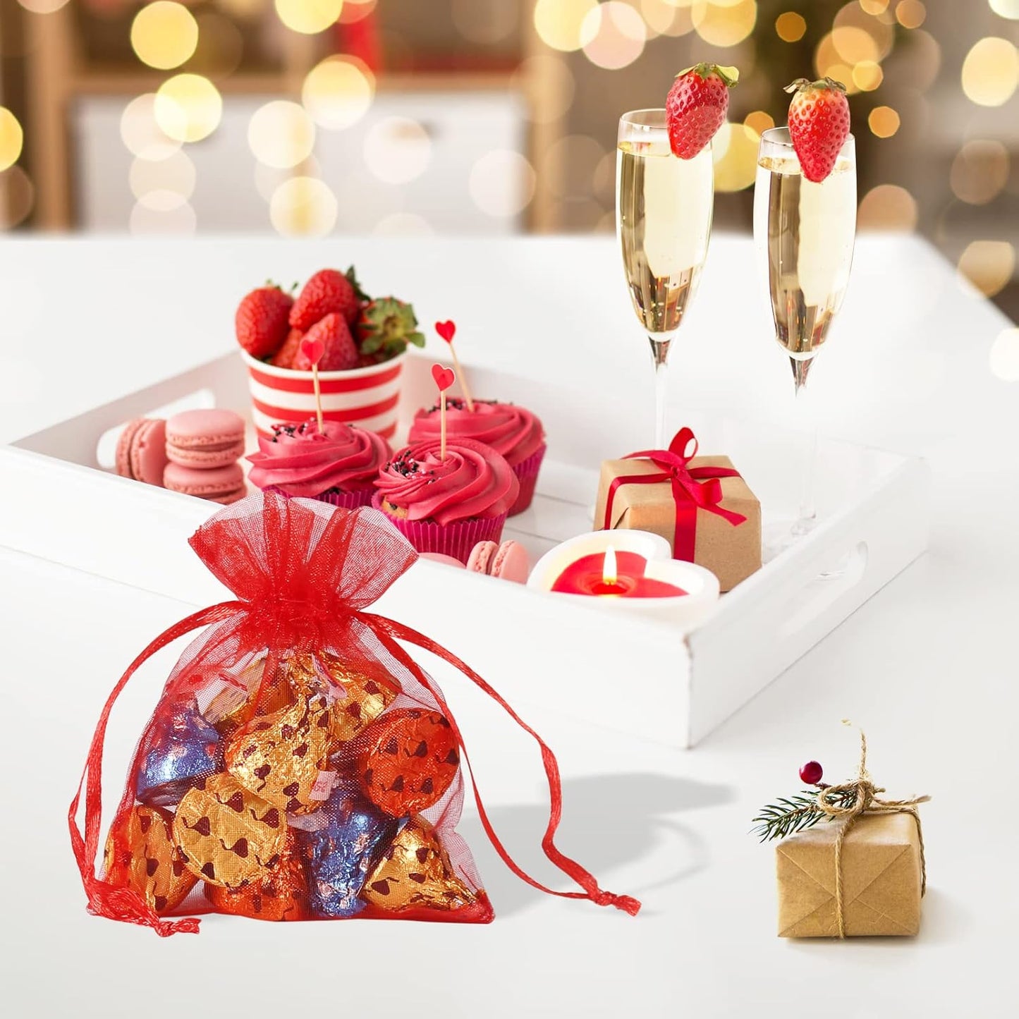 YQL Organza Bags 3x4,100PCS Red Mini Drawstring Bags Organza Jewelry Pouches Wedding Party Valentine Gift Mesh Candy Bag