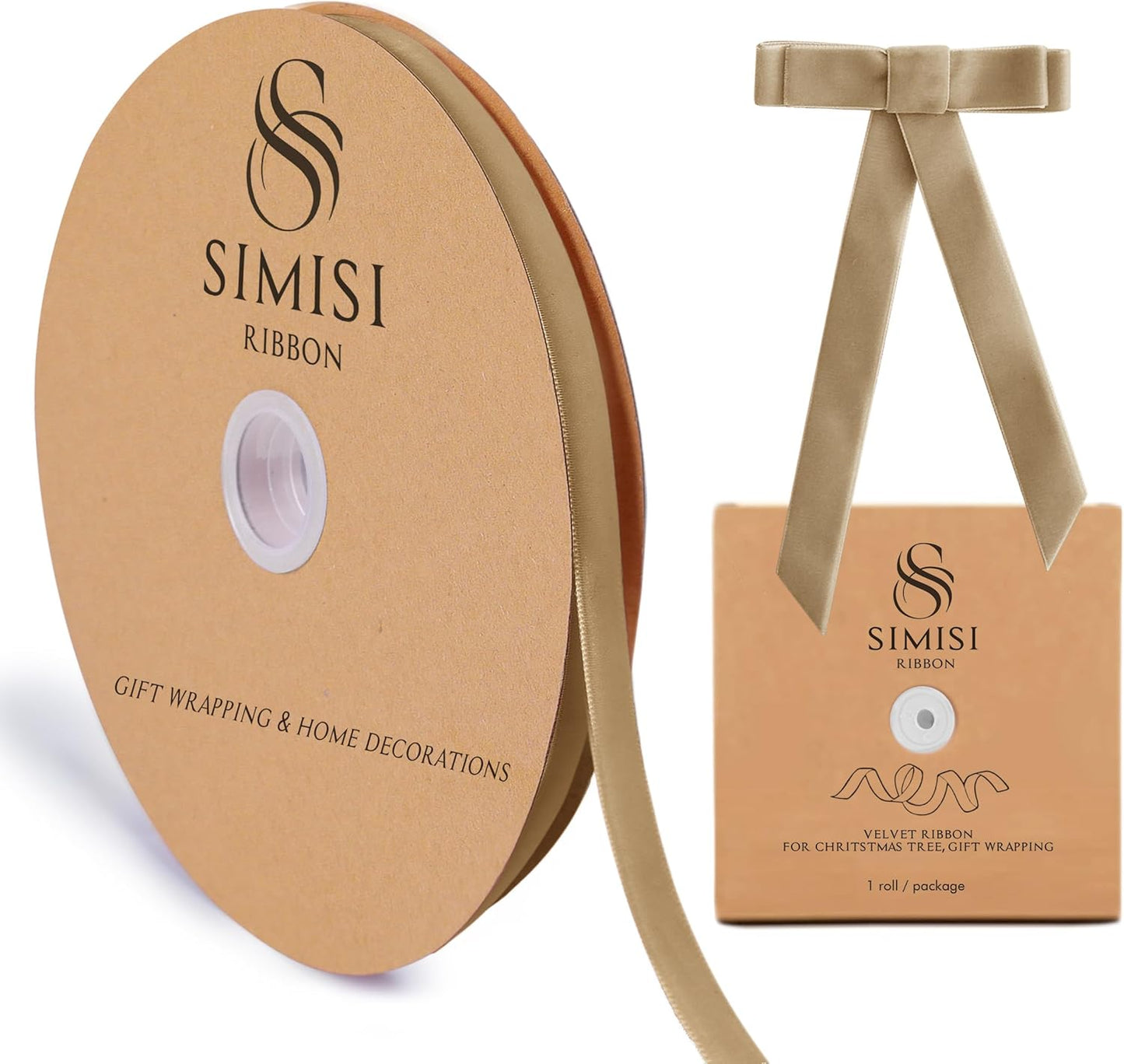 Khaki Velvet Ribbon 3/8'' 25 Yards for Christmas Tree, Gift Wrapping, Flower Bouquet, Wreath Decorations, Bow Making