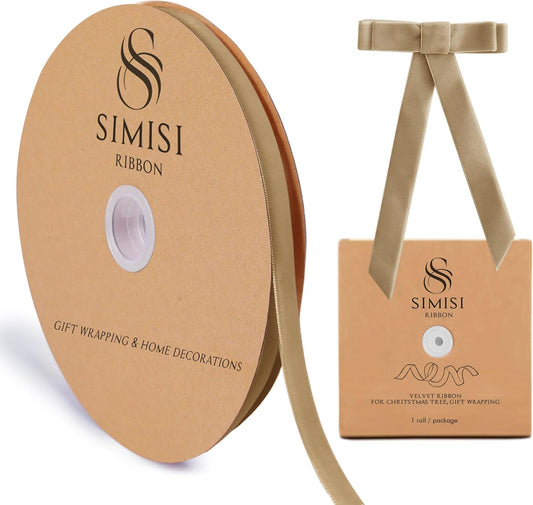 Khaki Velvet Ribbon 3/8'' 25 Yards for Christmas Tree, Gift Wrapping, Flower Bouquet, Wreath Decorations, Bow Making