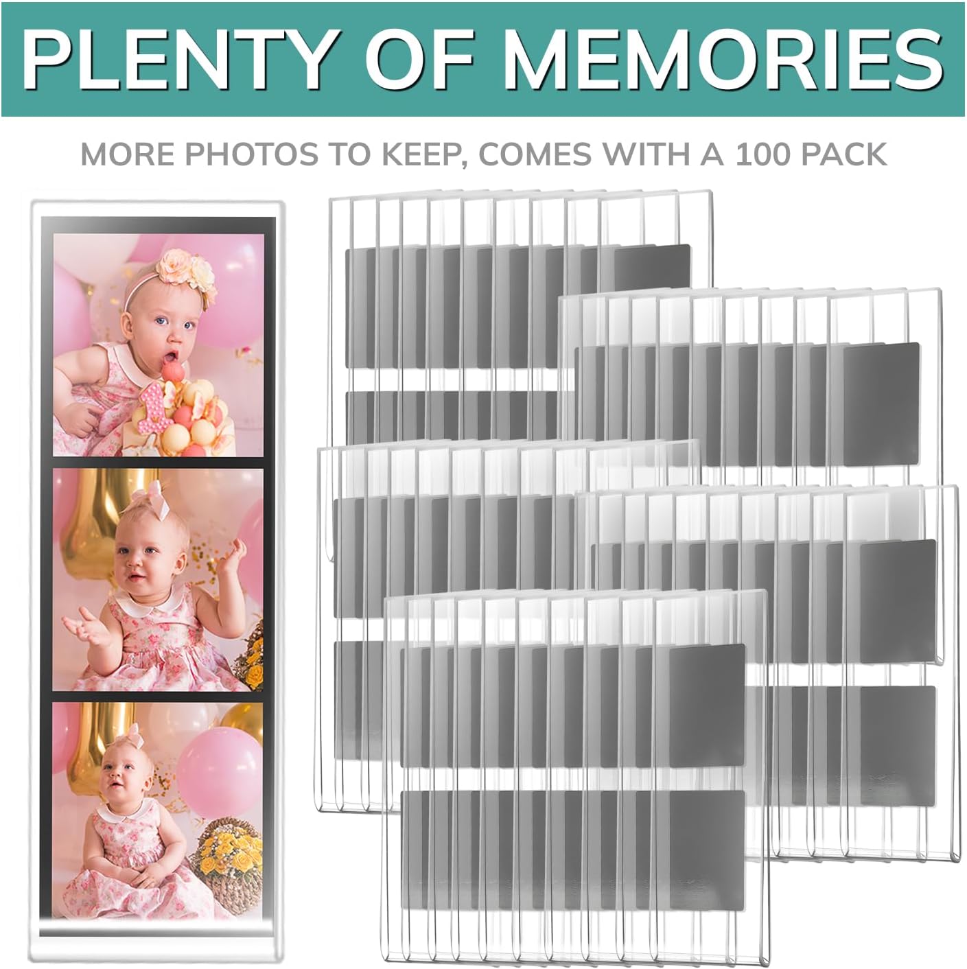 pbf PHOTO BOOTH FRAMES 2x6 Magnetic Picture Frames for Refrigerator | 2 x 6 Clear Magnetic Acrylic Frames for Photo Strips | Magnetic Photo Holders for Fridge, Locker, Sign Holder (100-Pack)