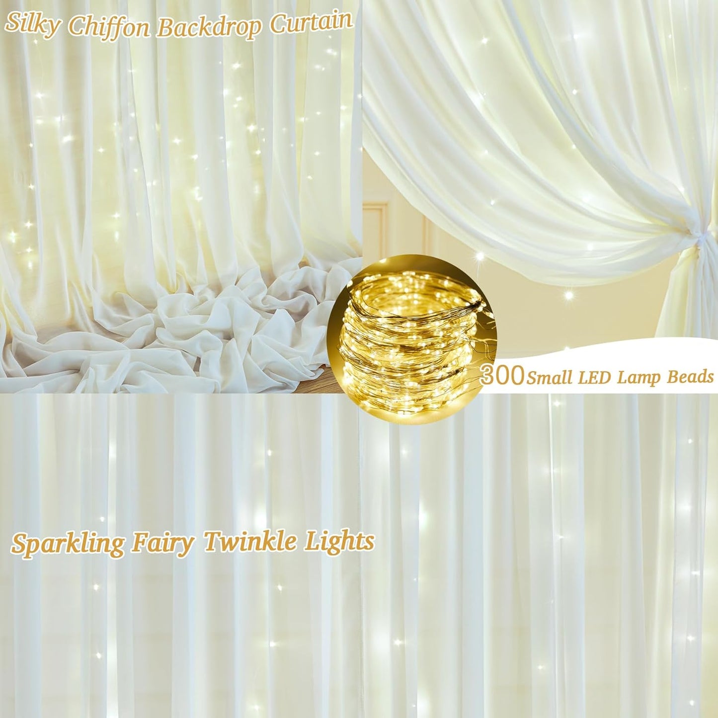 10ft x 10ft Ivory Backdrop Curtain with Lights for Baby Shower, Sheer Backdrop Curtains with Lights for Wedding, Chiffon Light Curtain Backdrops for Birthday Parties Photo Shoot (5x10ft,2 Panels)