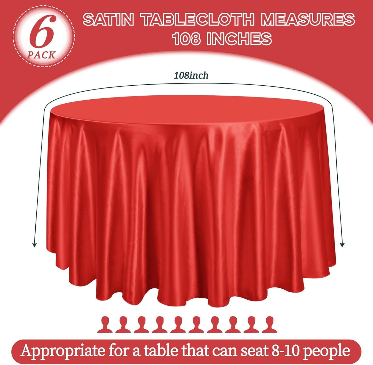 fani 6 Pack 108 Inch Red Satin Tablecloth - Premium Bright Silky Round Tablecloth Overlay Smooth Fabric Table Cover, Table Decoration for Wedding Party Banquet Events Restaurant Kitchen Dining