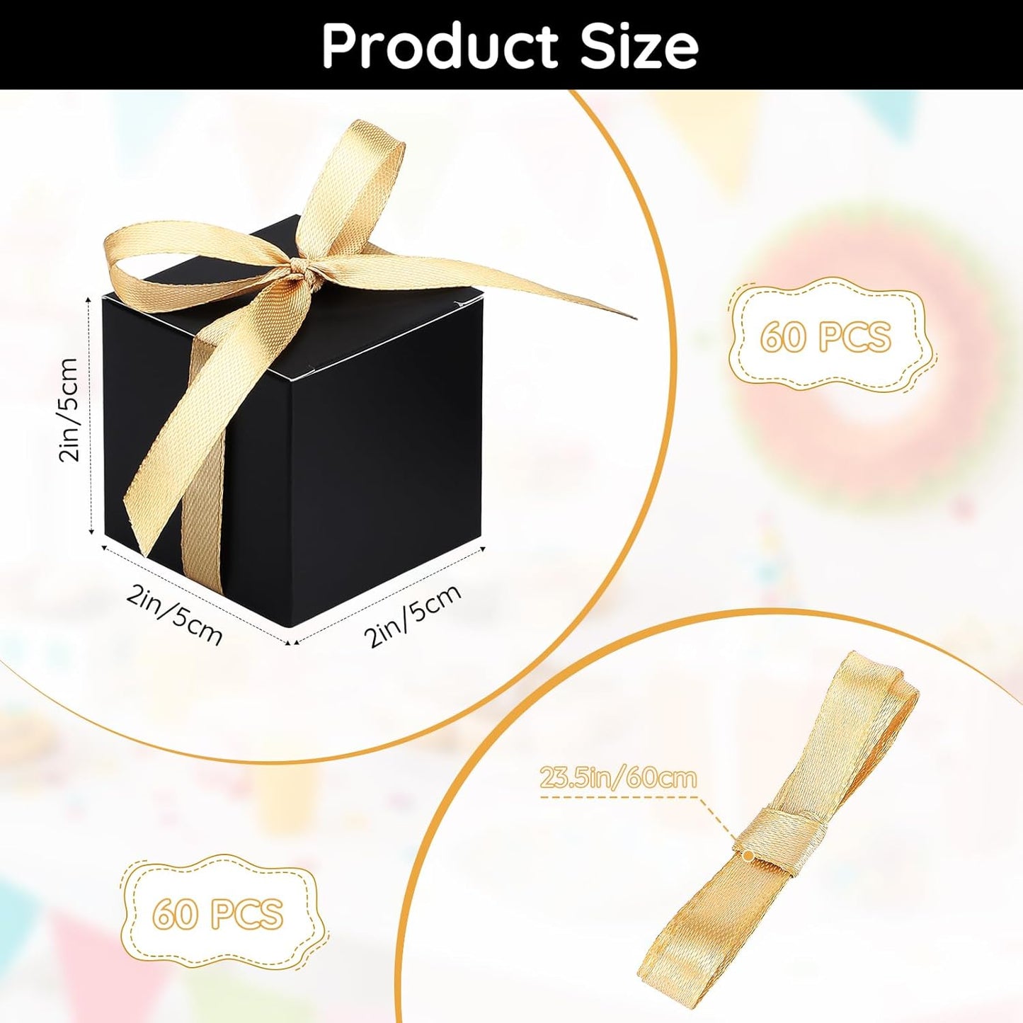 EUSOAR Favor Boxes, 60pcs 2x2x2 Inches Black Boxes Small Candy Box with Gold Ribbons, Mini Paper Cube Soap Box Chocolate Truffles Storage Macaron Container for Wedding Birthday Party DIY Favors