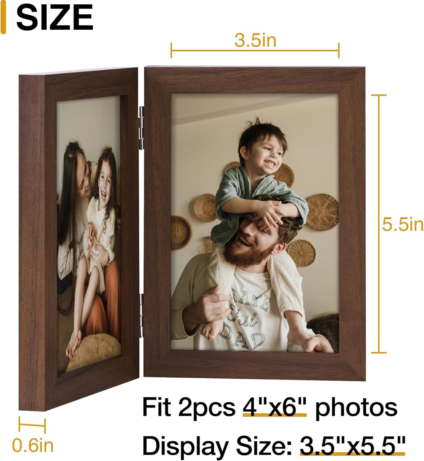 decorUhome Double 4x6 Picture Frame Vertical, Engineered Wood Bifold Photo Frame with Plexiglass for Tabletop Display, 4x6, Brown
