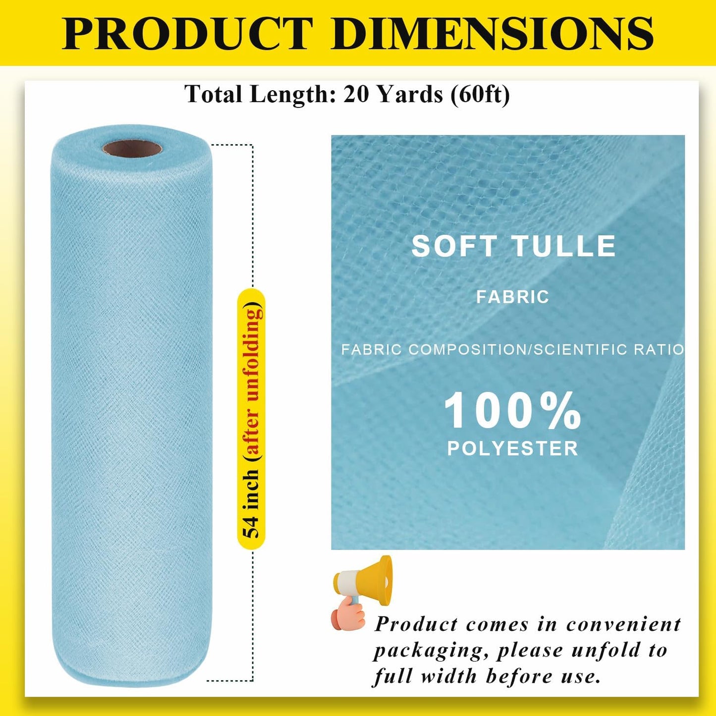 54" by 20 Yards Blue Tulle Fabric Rolls - Tutu Spool Bolt for DIY Wedding Decoration, Baby Shower Tutu Skirt, Gift Wrapping - Large Matte Tulle, Roll Packaging (Baby Blue)