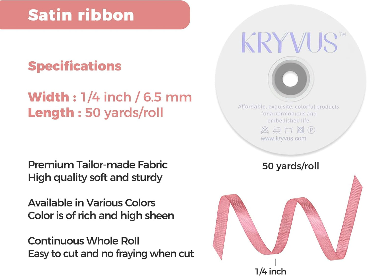 Rose Gold Satin Ribbon 1/4 inch X Continuous 50 Yards, Single Face Polyester Ribbon Perfect for Gift Wrapping, Flower Bouquet, Wedding Decor, Crafts, Bow Making, Sewing and More