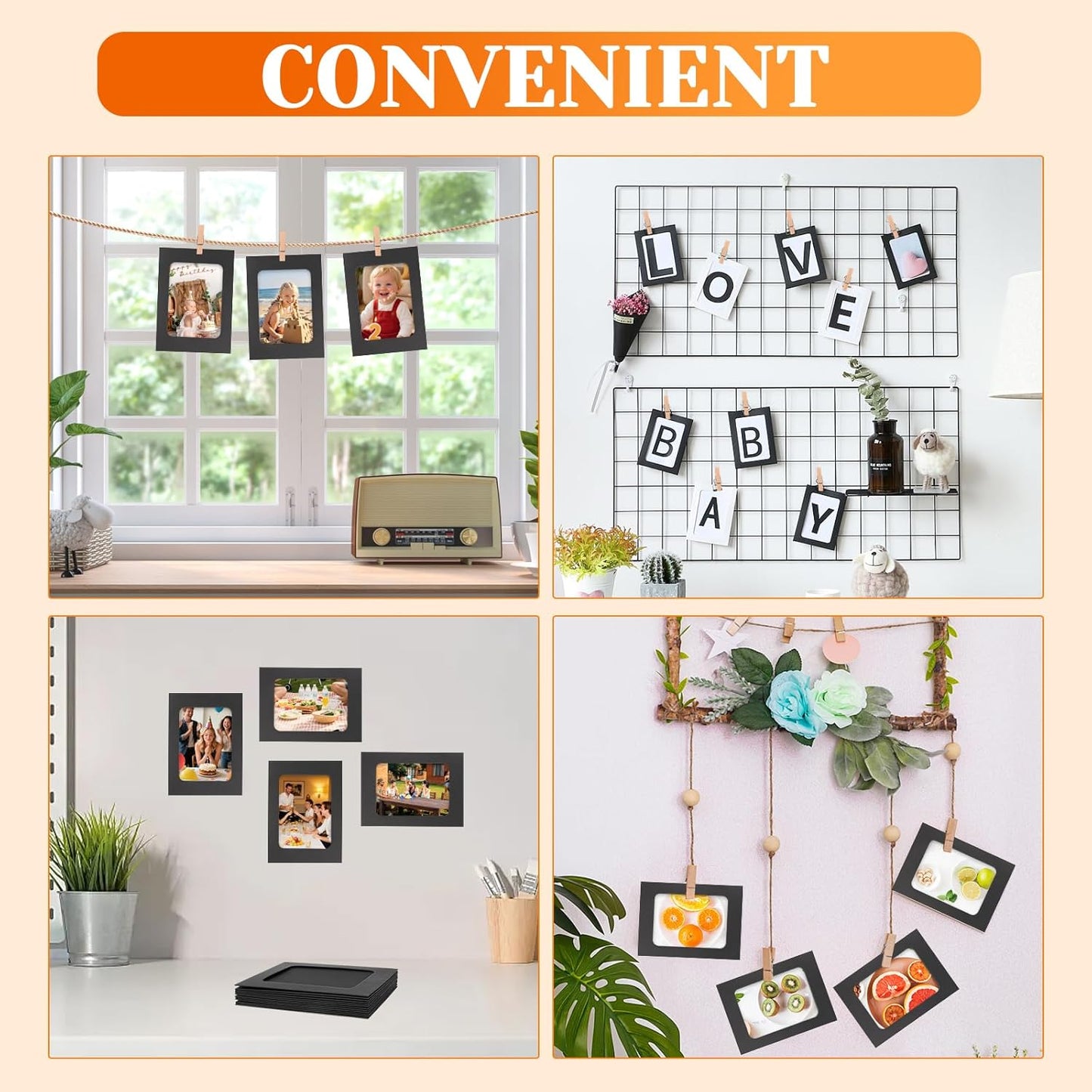100 Pack Paper Picture Frames, 4x6 Inch Photo Strip Frame Hanging Photo Display Banner, Black Photo Holder with Wooden Clips and String for Wall Decor and Party Supplies