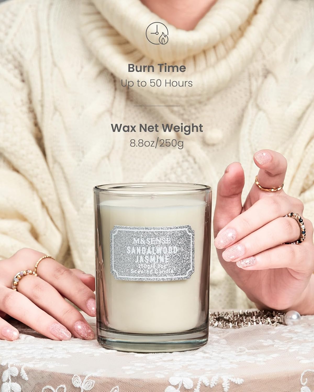 M&SENSE Sandalwood Jasmine Scented Candles, Classic Size 8.8 oz Glitter Jar, Holiday Natural Candles Gifts for Women, 50 Hours Long Burning for Winter Home Decor