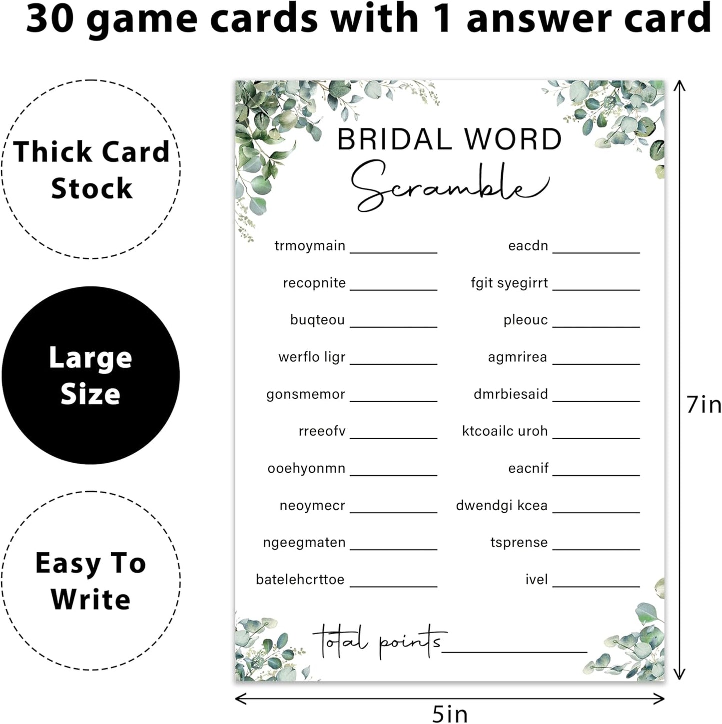 Eucalyptus Bridal Shower Game Cards - Word Scramble, Wedding Engagement Bachelorette Party Bridal Shower Games for 30 Guests, 30 Double Sided Cards with 1 Answer Card, Activity Supplies & Favor/A05