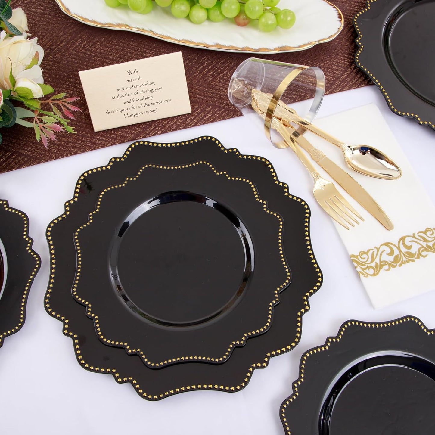 COLOSUS 175PCS Black Dinnerware set with Disposable Silverware for 25guests, Include 50 Dinner Plates 10.25”, 50 Dessert Plates 8.5”, 50 Cups 9 OZ, 50 Napkins,50 Plastic Silverware for Halloween Party
